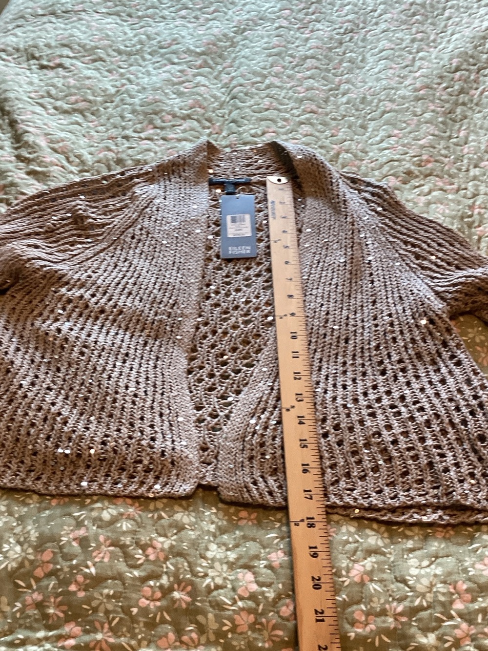 Eileen Fisher Beige Open-Front Sparkle Sequin 3/4 Knit Cardigan XS NWT - Picture 6 of 8